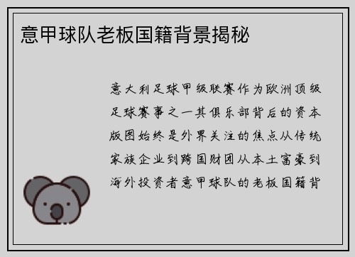 意甲球队老板国籍背景揭秘